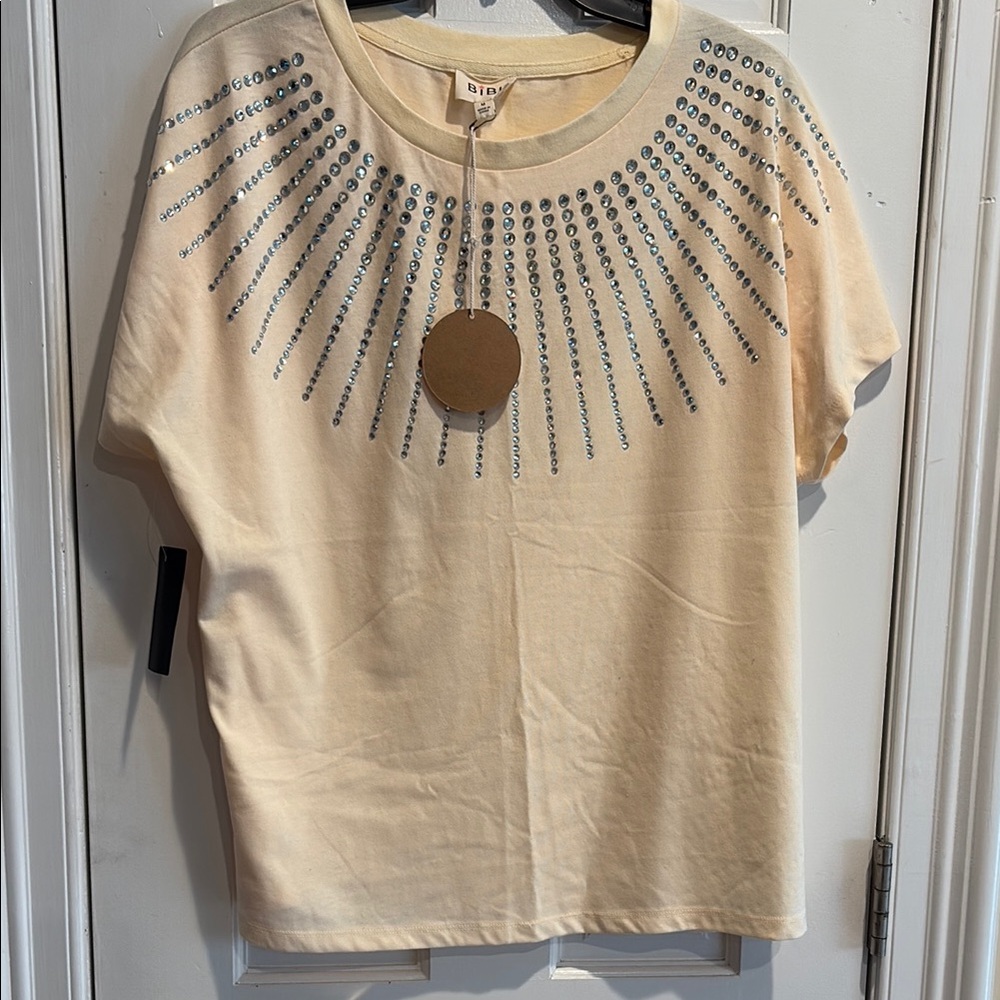 Bibi light yellow/tannish embellished woman’s top. Size Medium